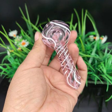 Pink Glass Spoon Pipe with Wavy Stripes