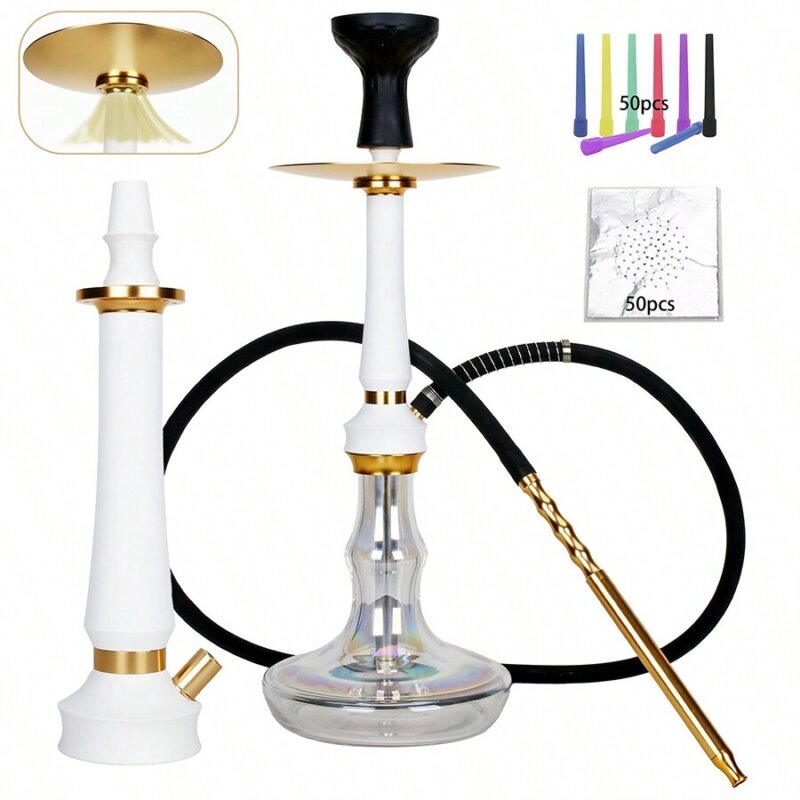 1pc 54CM/21.25inch Arabic Hookah With Aluminum Alloy Material, Comes With 50pcs Long Mouth Tips, 50pcs Aluminum Foil Papers, Silicone Hose, Spring, Silicone Bowl, Aluminum Alloy Handle And Charcoal Tongs White