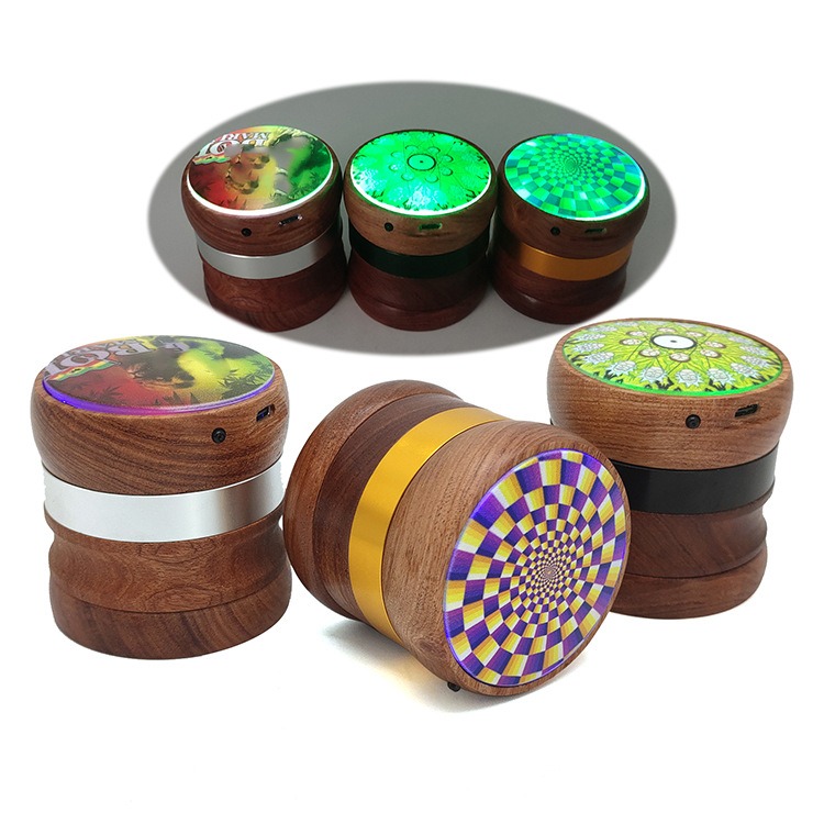 Custom Logo LED Wooden Herb Grinder 63mm USB Rechargeable Wholesale Custom Logo LED Wooden Herb Grinder 63mm USB Rechargeable Wholesale