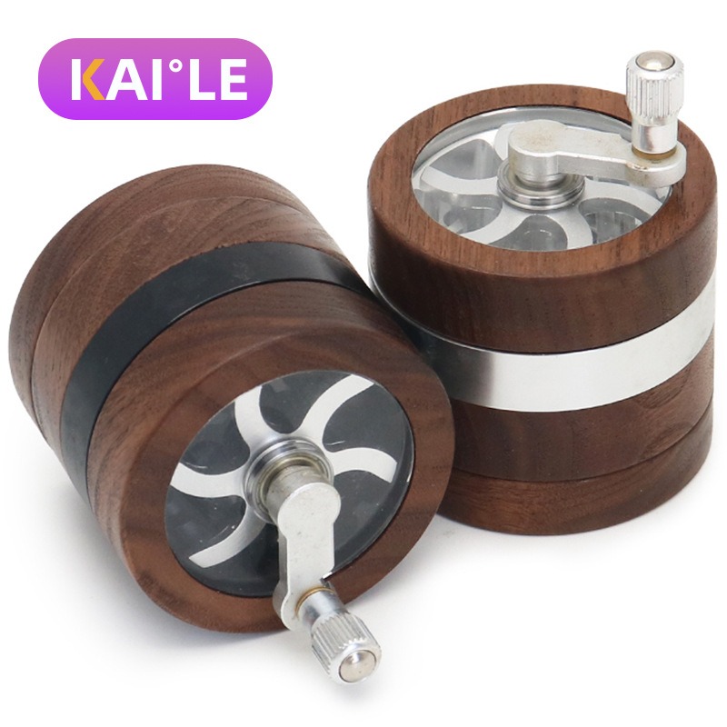 Wholesale Custom 63mm Black Walnut 4-Layer Hand-Crank Herb Grinder Wholesale Custom 63mm Black Walnut 4-Layer Hand-Crank Herb Grinder